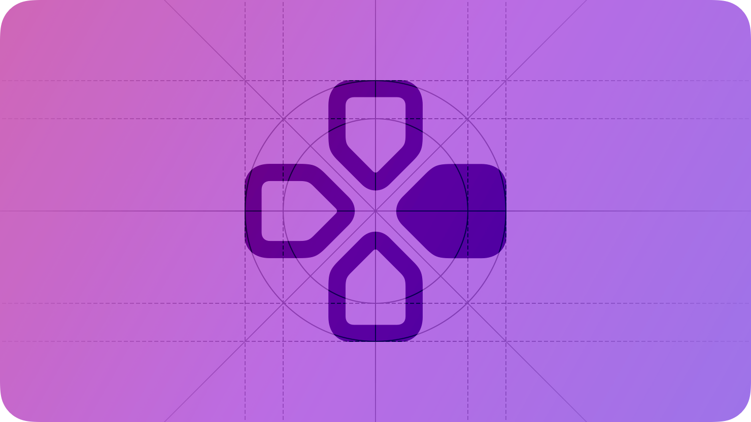 A sketch of a D-pad control from a game controller, suggesting gameplay. The image is overlaid with rectangular and circular grid lines and is tinted purple to subtly reflect the purple in the original six-color Apple logo.