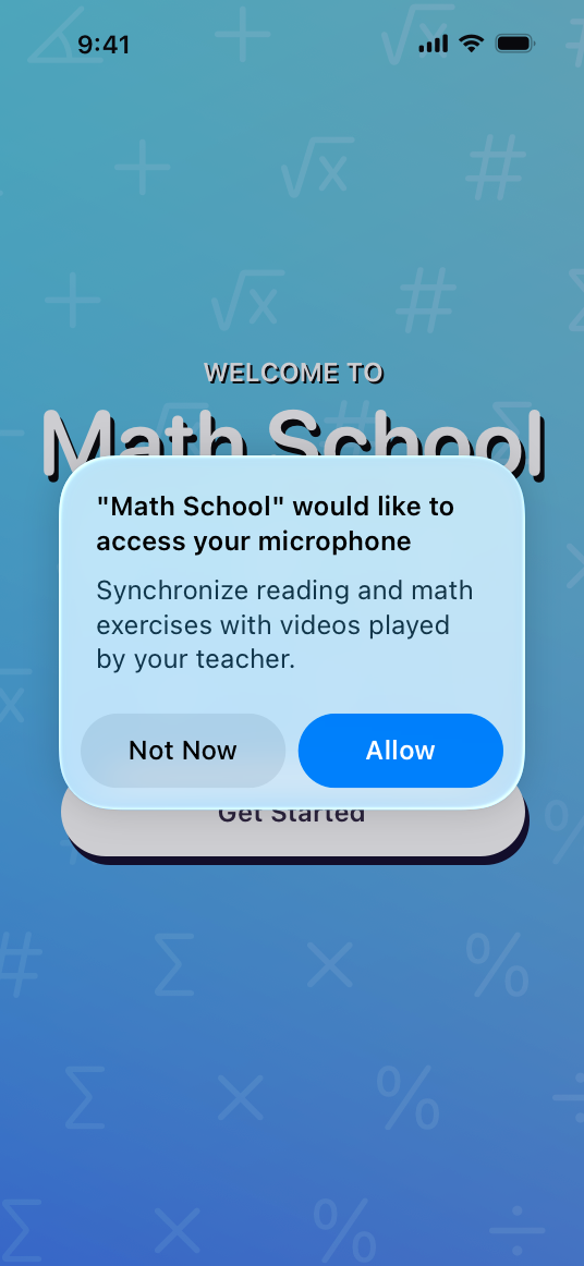 A screenshot of the Math School app’s permission alert on iPhone. The alert reads 'Math School would like to access your microphone. Synchronize reading and math exercises with videos played by your teacher.' There are two buttons available: Not Now and Allow.