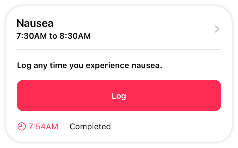 An illustration of a task for logging incidents of nausea. The task's header area includes a title, a time range, and a disclosure button to display additional details. The subview area includes instructions, a Log button, and a time completed.
