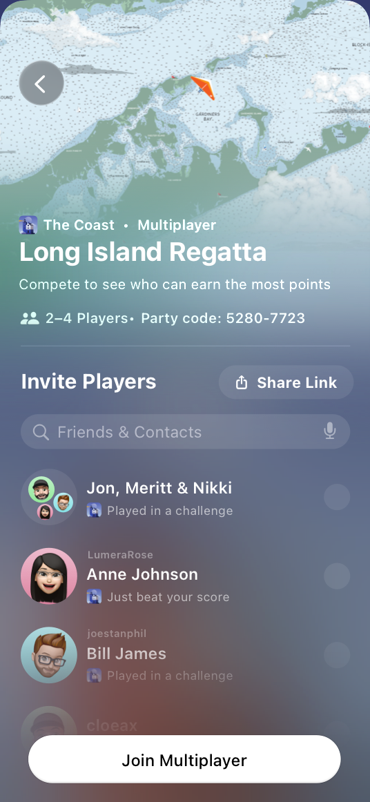 An iPhone screenshot of the game The Coast with the Game Overlay open, showing the detail view of a single multiplayer level.