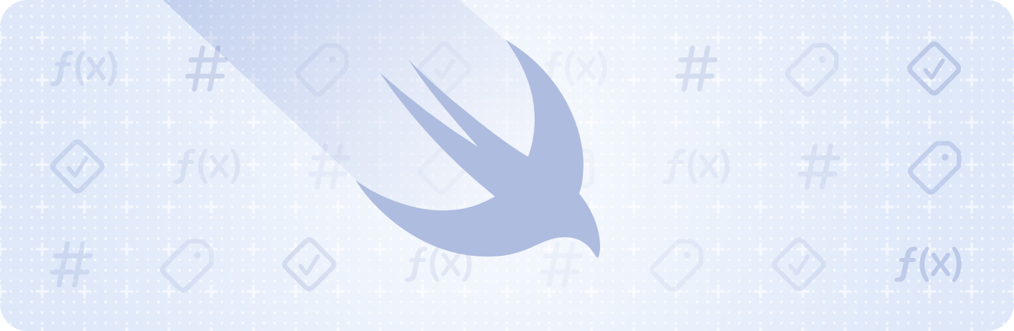 The Swift logo on a blue gradient background that contains function, number, tag, and checkmark diamond symbols.