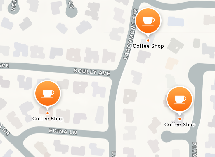 A screenshot of three orange pins when zoomed in, representing three individual points of interest.