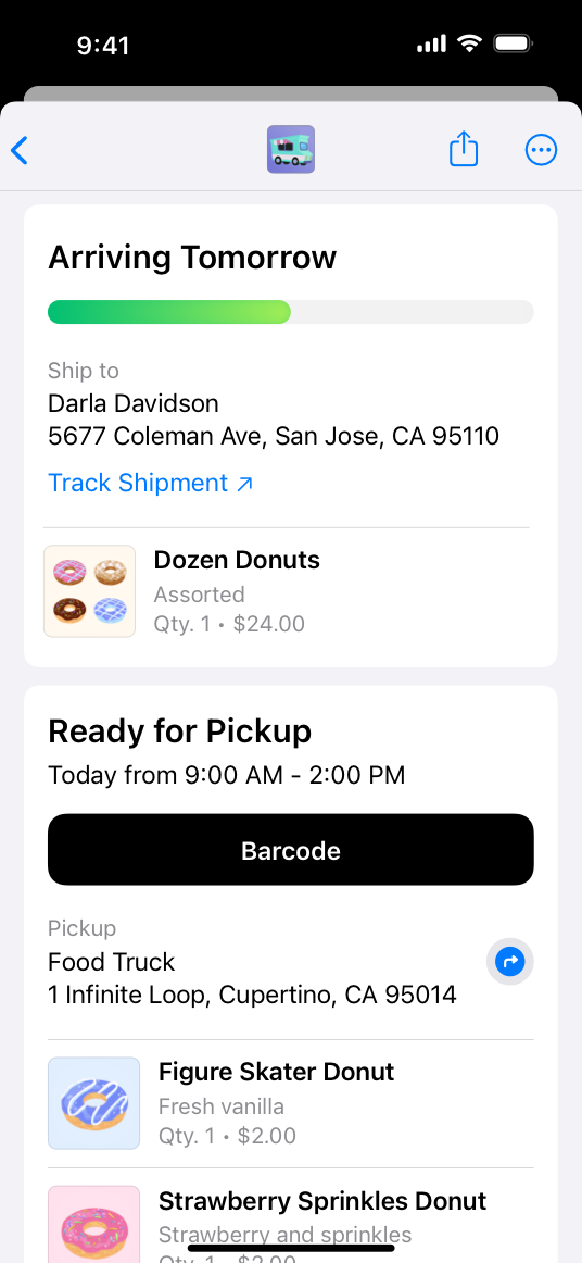 A screenshot of an order fulfillment screen for a food truck app on iPhone. The top of the screen displays information about an order placed, and denotes that the order arrives tomorrow. The screen includes the shipping address, a link to track the shipment, a list of items ordered, and additional order details. The bottom of the screen displays another order placed, which is ready for pickup. In place of the shipping address is a Barcode button and a pickup address.