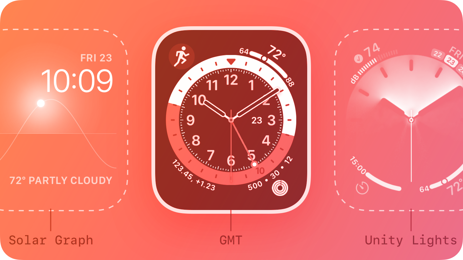 A stylized representation of a series of Apple Watch faces. The image is tinted red to subtly reflect the red in the original six-color Apple logo.