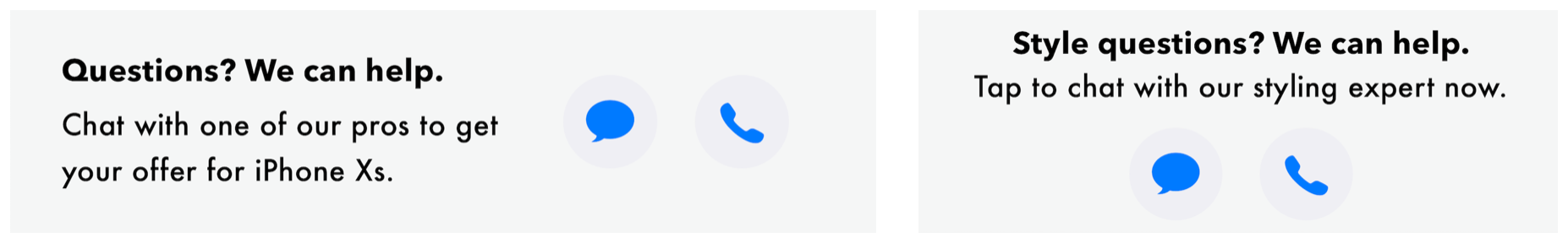 A Business Chat button in banner mode with context, CTA, and message and phone buttons centered horizontally (left); and vertically (right).