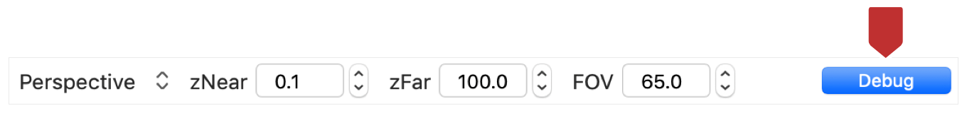 Screenshot of the geometry viewer toolbar with the Debug button marked by a callout.