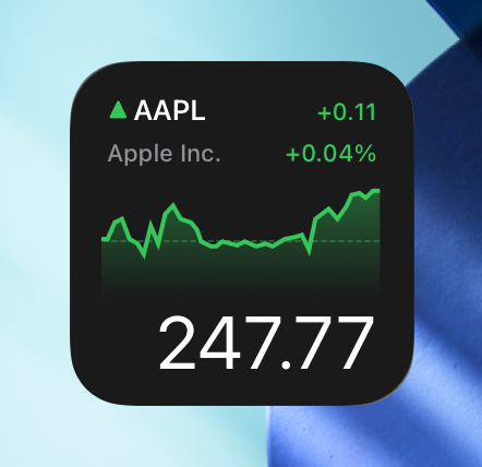 An image of the small Stocks widget on the Home Screen in the full-color appearance.
