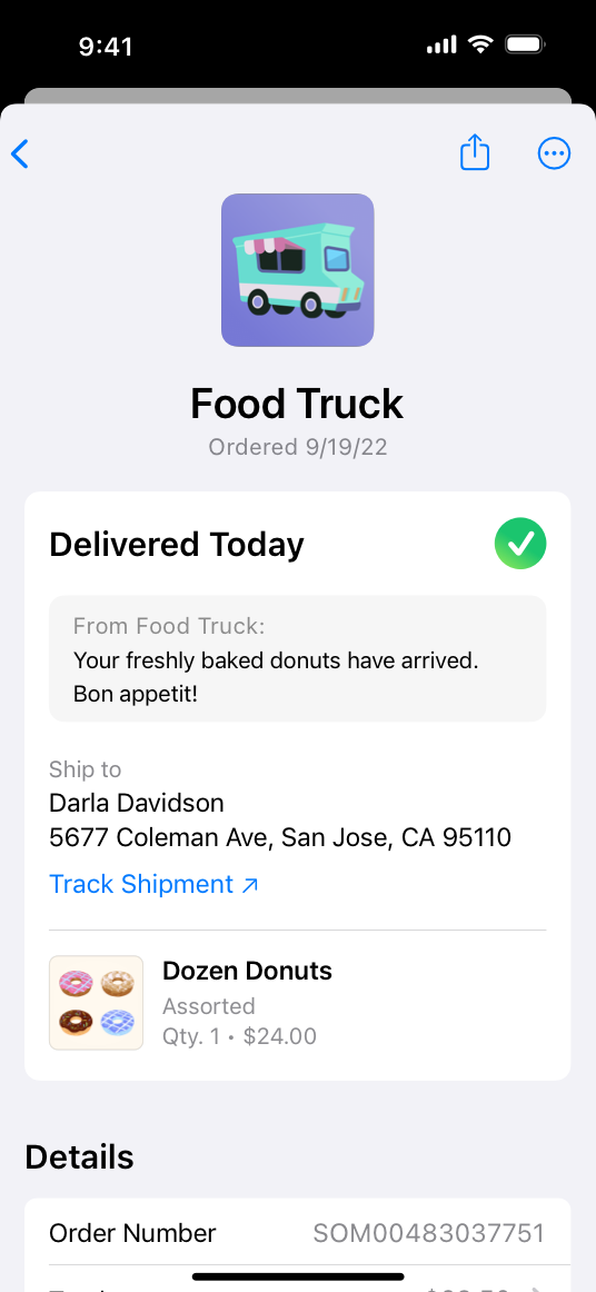 A screenshot of an order fulfillment screen for a food truck app on iPhone. The screen displays information about an order placed, and denotes that the order was delivered today. The screen includes the shipping address, a link to track the shipment, a list of items ordered, and additional order details.