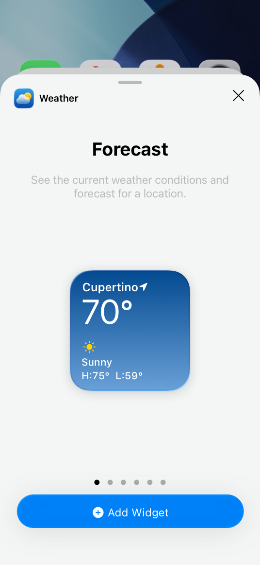 An illustration that represents the widget gallery open to the small widget for the Weather app. Below the widget is a page control showing that this is the first page of six; below the page control is a button that uses the Weather app's blue accent color.