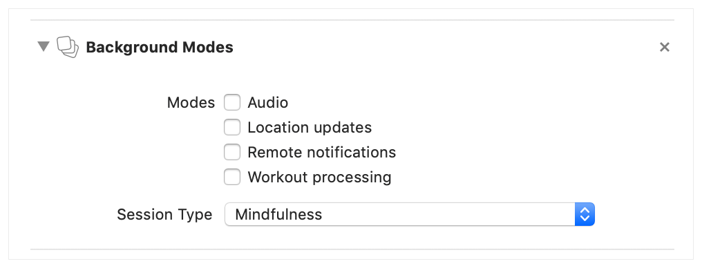 A screenshot showing the Session Type setting for the Background Modes capability.