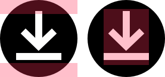 Two images of a white arrow that points down to a white horizontal line segment within a black disk. The image on the left includes the two horizontal pink bars in the same locations as in the previous illustration, but the glyph has been moved up by a few pixels. The image on the right includes a pink rectangle overlaid on top of the glyph to represent a padding area, which includes the extra pixels below the glyph.
