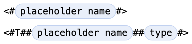 Diagram showing placeholder token syntax. The first line shows "<#", followed by placeholder text, terminated with "#>". The second like shows "<#T##", followed by placeholder text, followed by "##", followed by the type name placeholder, terminated with "#>".