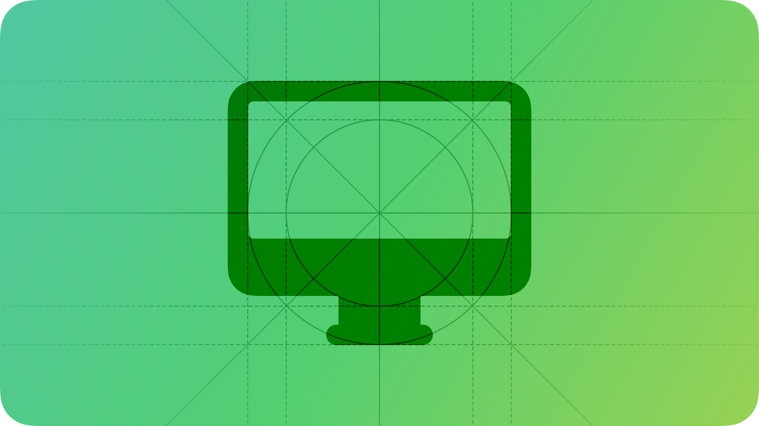 A stylized representation of a Mac shown on top of a grid. The image is overlaid with rectangular and circular grid lines and is tinted green to subtly reflect the green in the original six-color Apple logo.