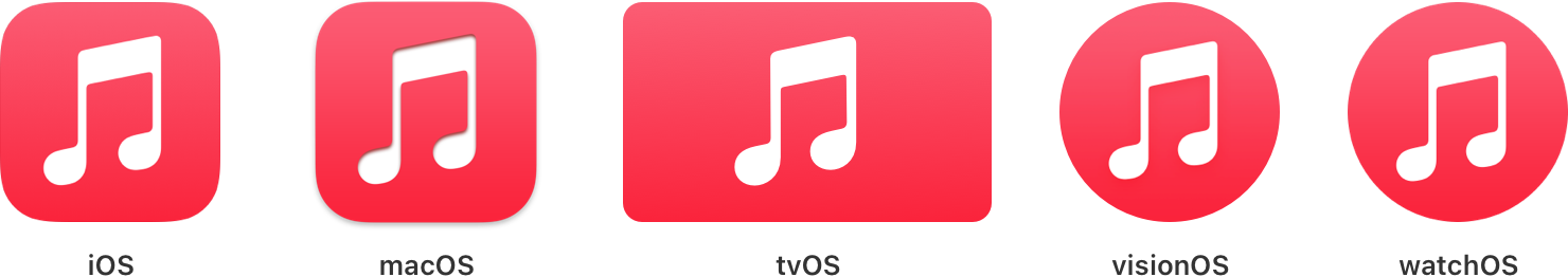 An image that shows the variations of the Music app's app icon as it appears in iOS, macOS, tvOS, visionOS, and watchOS.