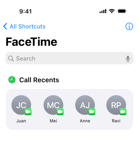 A partial screenshot of the Shortcuts app on iPhone showing App Shortcuts for FaceTime listed in a grid view. The App Shortcuts are in a group labeled Call Recents, and are each titled with the name of a recent FaceTime contact.