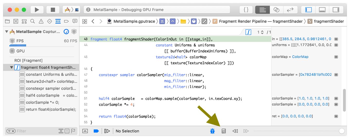 Screenshot annotating the Update Shaders button. It's in the bottom right corner of the shader source in the center pane.