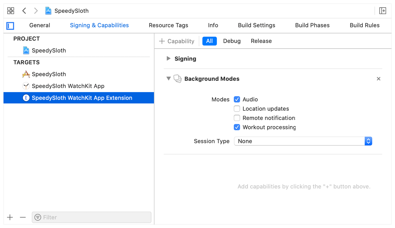 A screenshot showing both background modes added to the WatchKit App Extension.