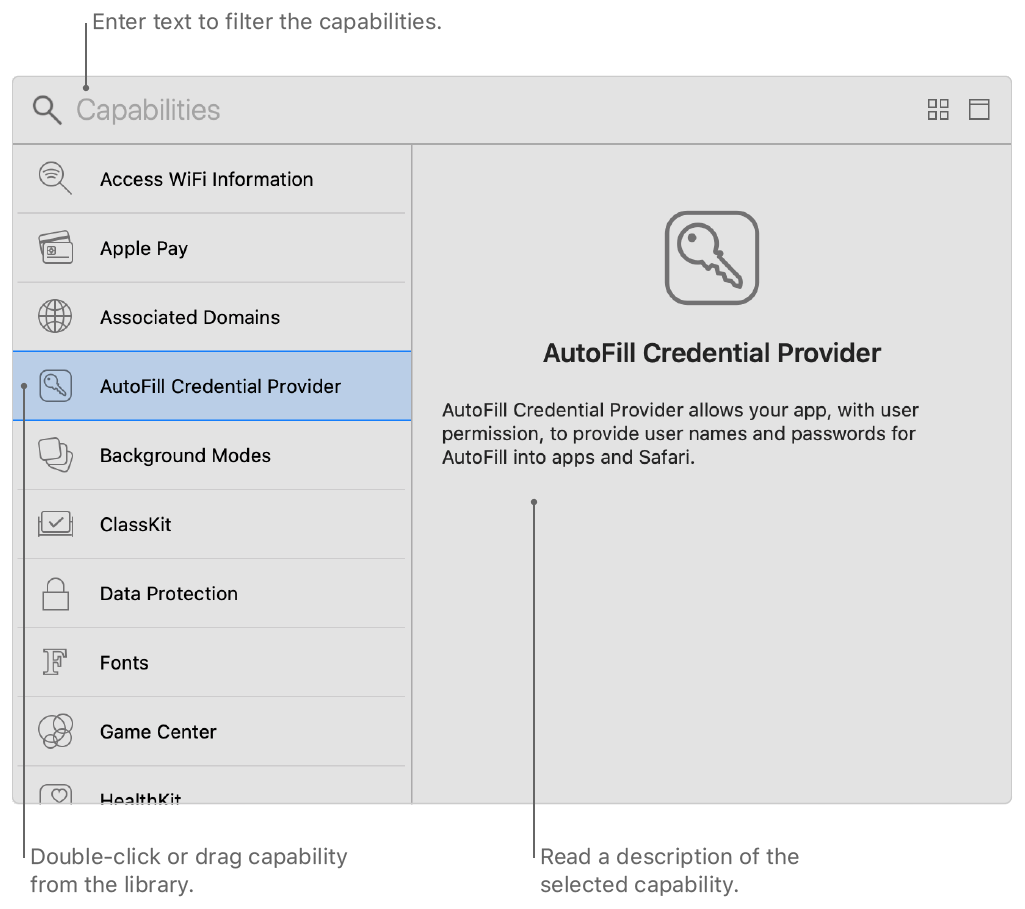 Screenshot showing the Capabilities library with a capability selected, and showing the detail view where you can read a description of the capability.