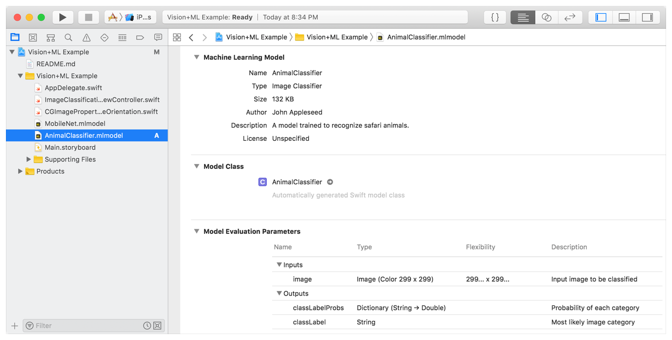 Screenshot showing the animal classifier model integrated into the image classifier sample code project.