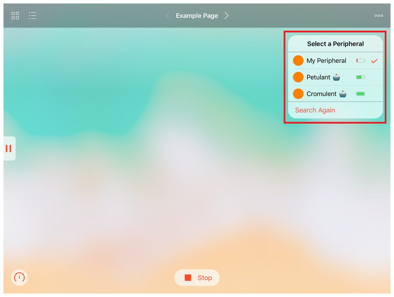 A screenshot showing a PlaygroundBluetoothConnectionView instance in the upper right corner. The connection view is displaying three peripherals; one is marked as connected.