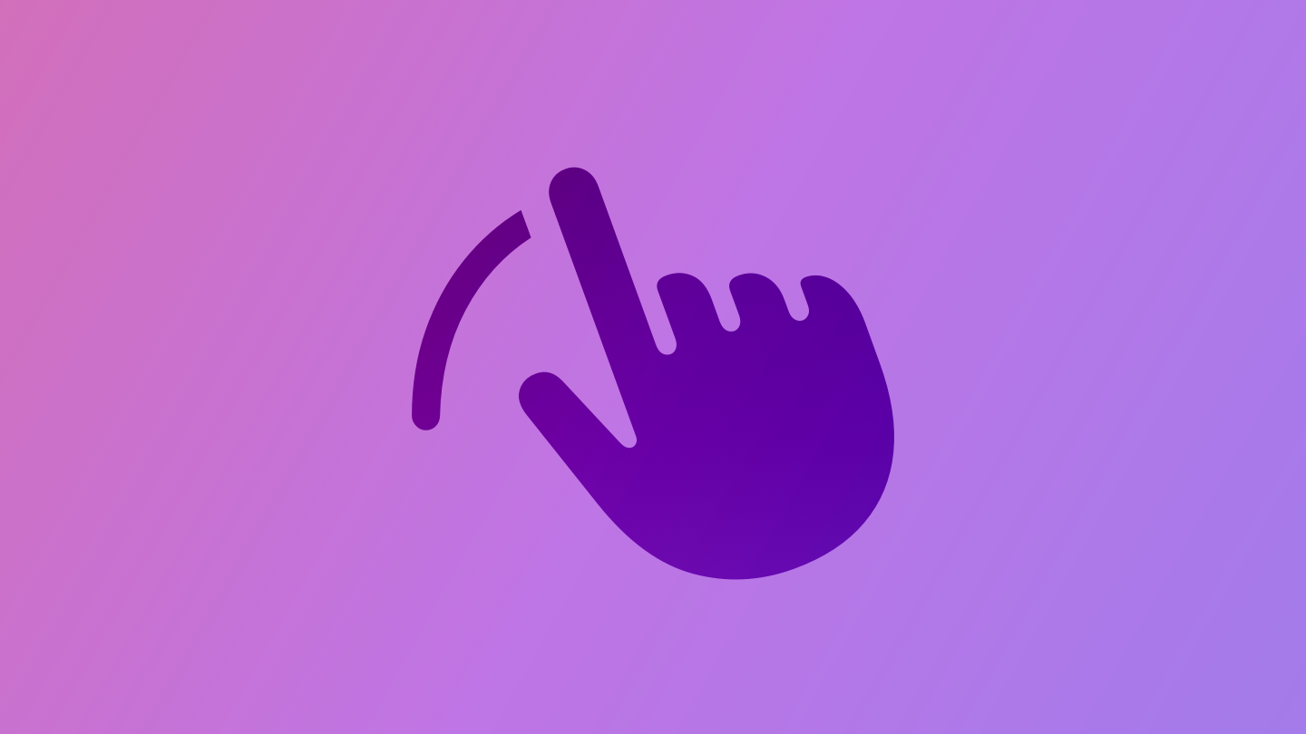 A sketch of a pointing hand swiping in a curved motion toward the right, suggesting touch interaction with a device. The image is tinted purple to subtly reflect the purple in the original six-color Apple logo.
