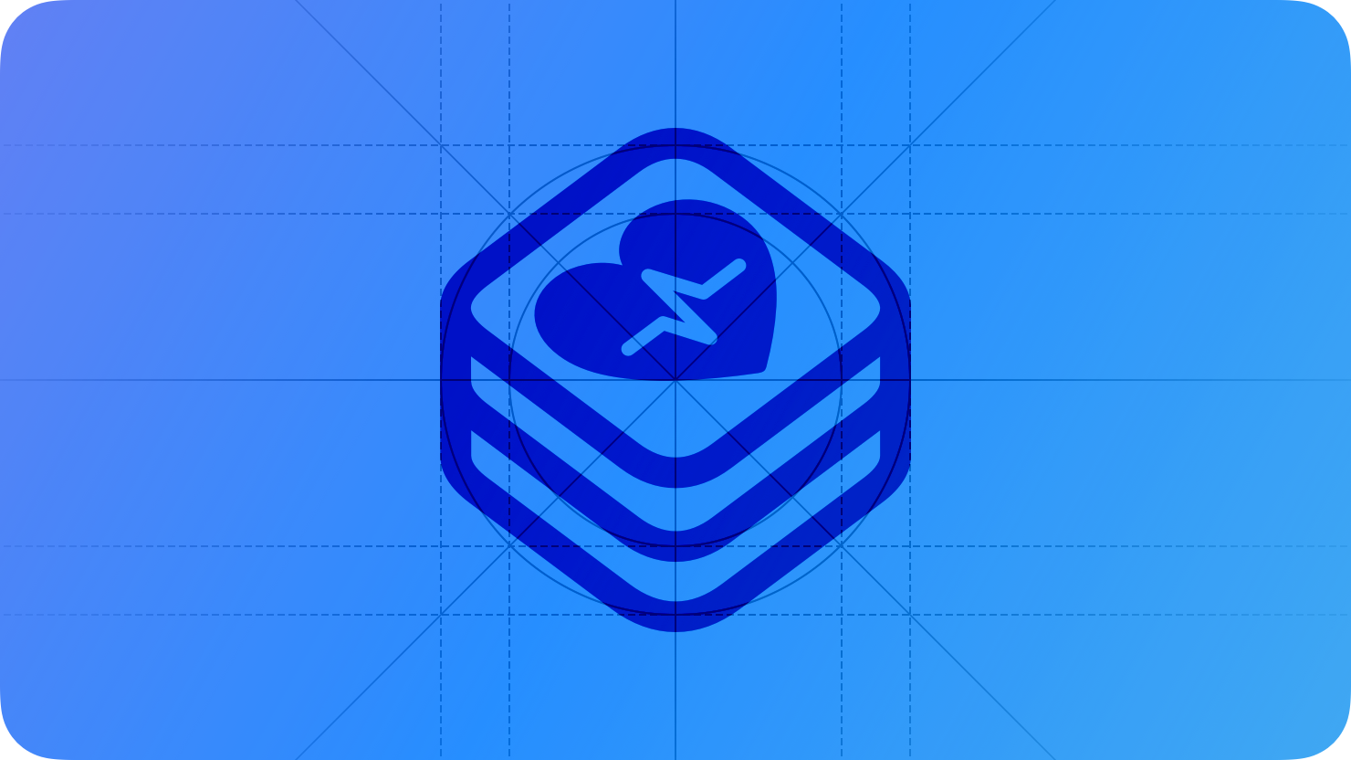 A sketch of the CareKit icon. The image is overlaid with rectangular and circular grid lines and is tinted blue to subtly reflect the blue in the original six-color Apple logo.