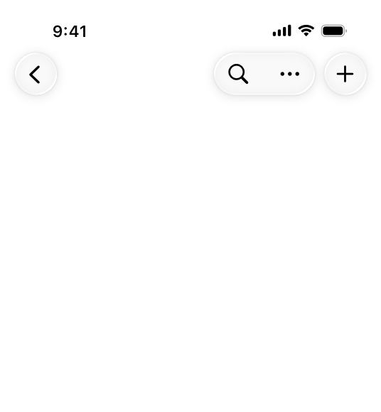 An illustration of an iPhone screen with search in a top toolbar. A Back button appears on the leading edge, and an Add button appears on the trailing edge. An button group with Search and More appears next to the Add button.
