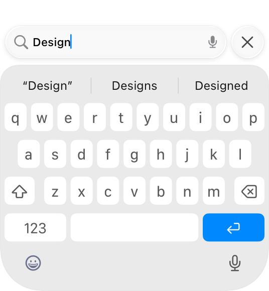 An illustration of an iPhone screen with search in a tab bar at the bottom of the screen. The tab bar is hidden by the keyboard and the search field is open above the keyboard, ready for text entry.