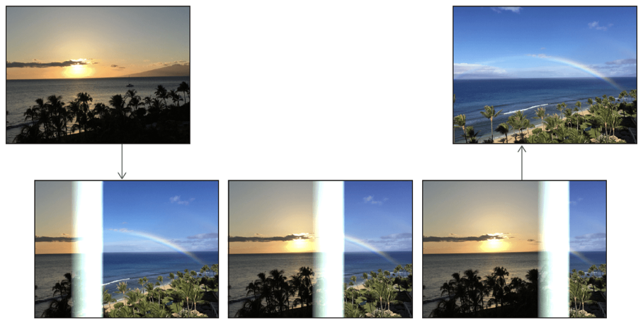 Copy machine transition from a beach at sunset to a beach at daytime with rainbow in the sky