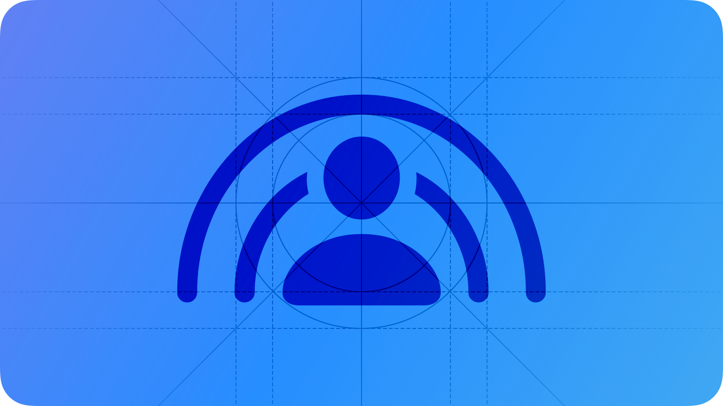 A sketch of the SharePlay icon. The image is overlaid with rectangular and circular grid lines and is tinted blue to subtly reflect the blue in the original six-color Apple logo.