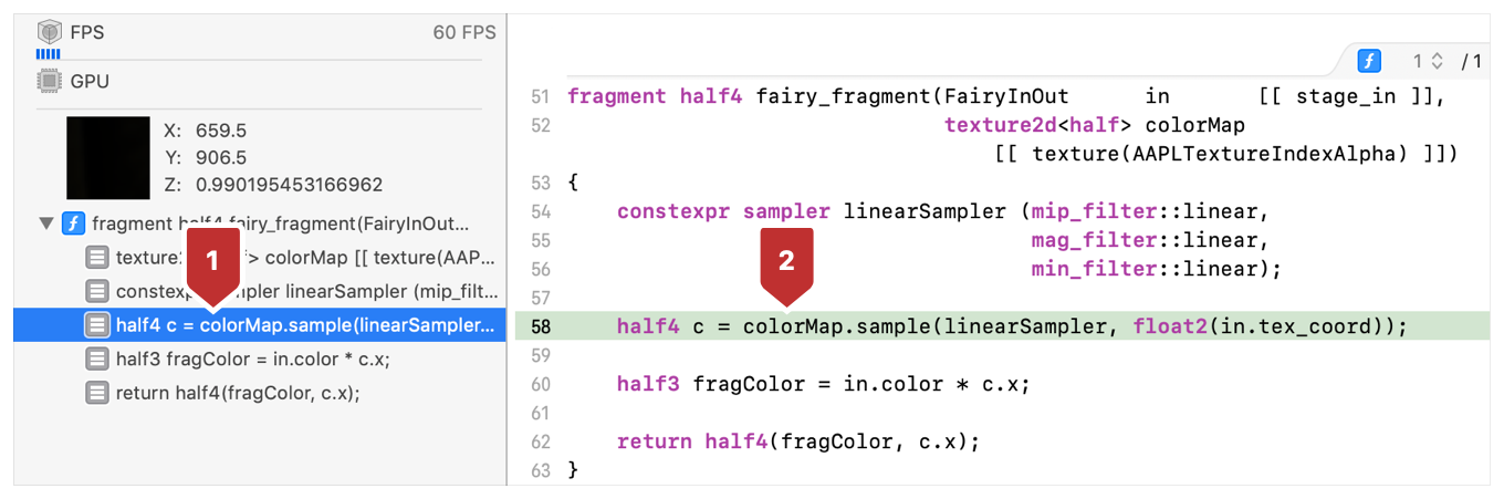 Screenshot of stepping through the debugger. At left, the selection in the ROI list reflects the same line of code that's selected in the source view, at right.