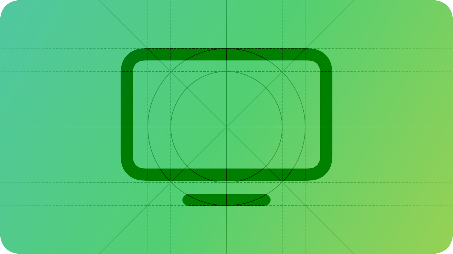 A stylized representation of a TV screen shown on top of a grid. The image is overlaid with rectangular and circular grid lines and is tinted green to subtly reflect the green in the original six-color Apple logo.