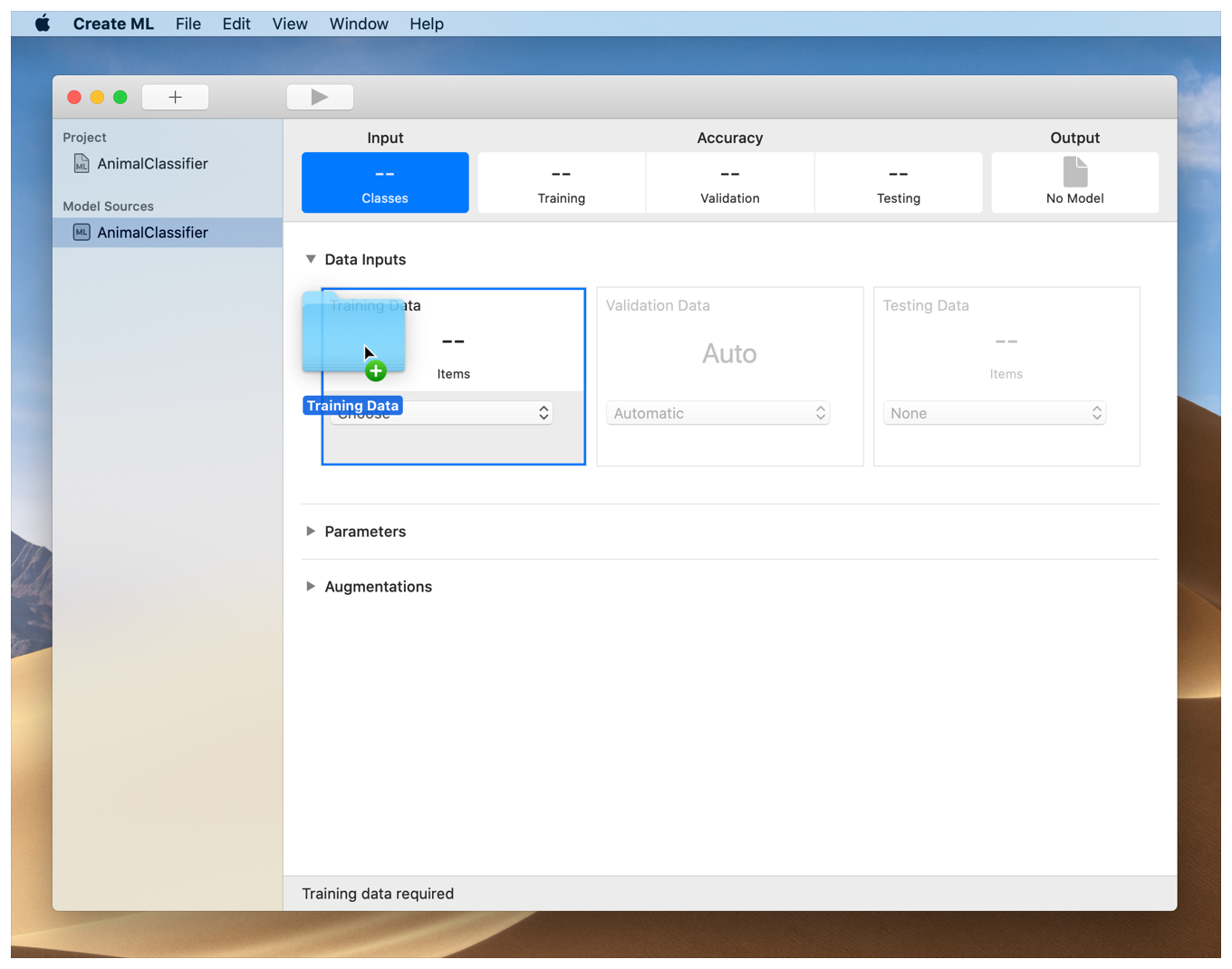 Screenshot of the project window with the highlighted segmented control cell, labeled "Input", with a Finder folder named "Training Data" being dragged and dropped onto its Training Data section.