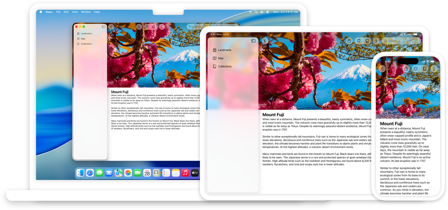 An image of screenshots of the landmark detail view for Mount Fuji in the Landmarks app, in a Mac, iPad, and iPhone.