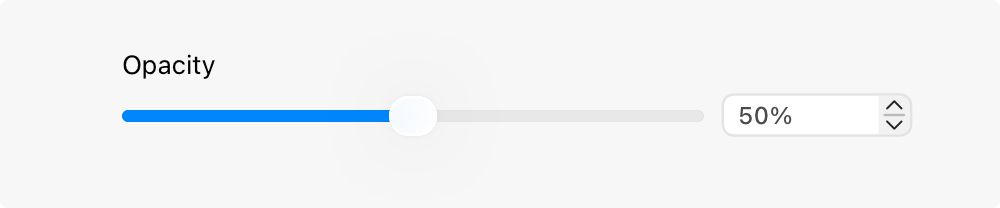 An illustration of a horizontal linear slider without tick marks, followed by a text field and a stepper. The thumb is in the center of the slider and the text field displays 50%.