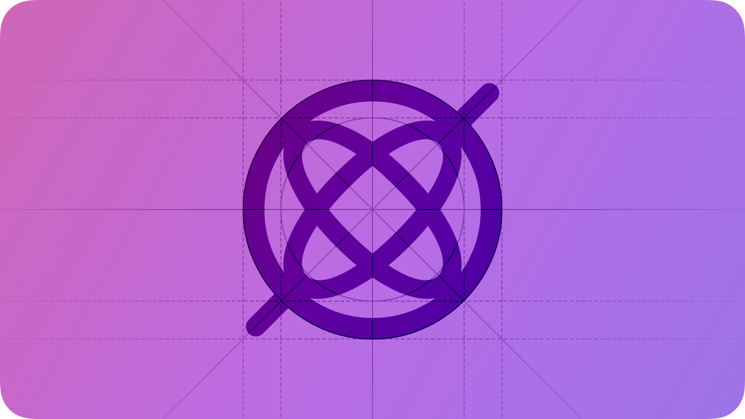 A sketch of a gyroscope, suggesting movement. The image is overlaid with rectangular and circular grid lines and is tinted purple to subtly reflect the purple in the original six-color Apple logo.