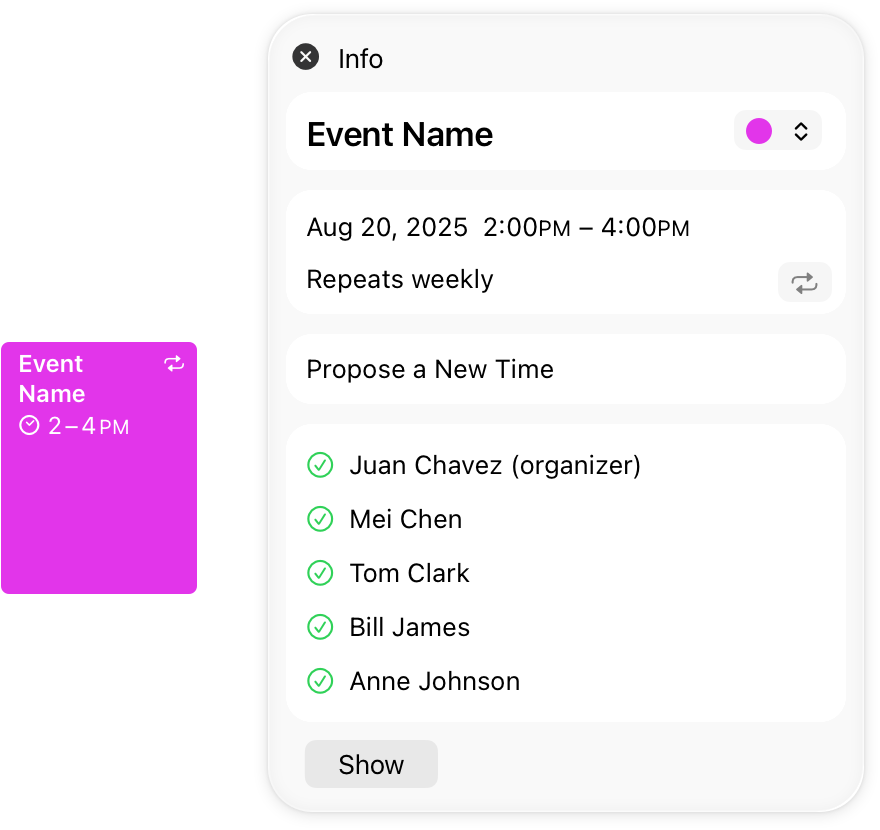An illustration of an event in Calendar with the detached version of the event's popover next to it.
