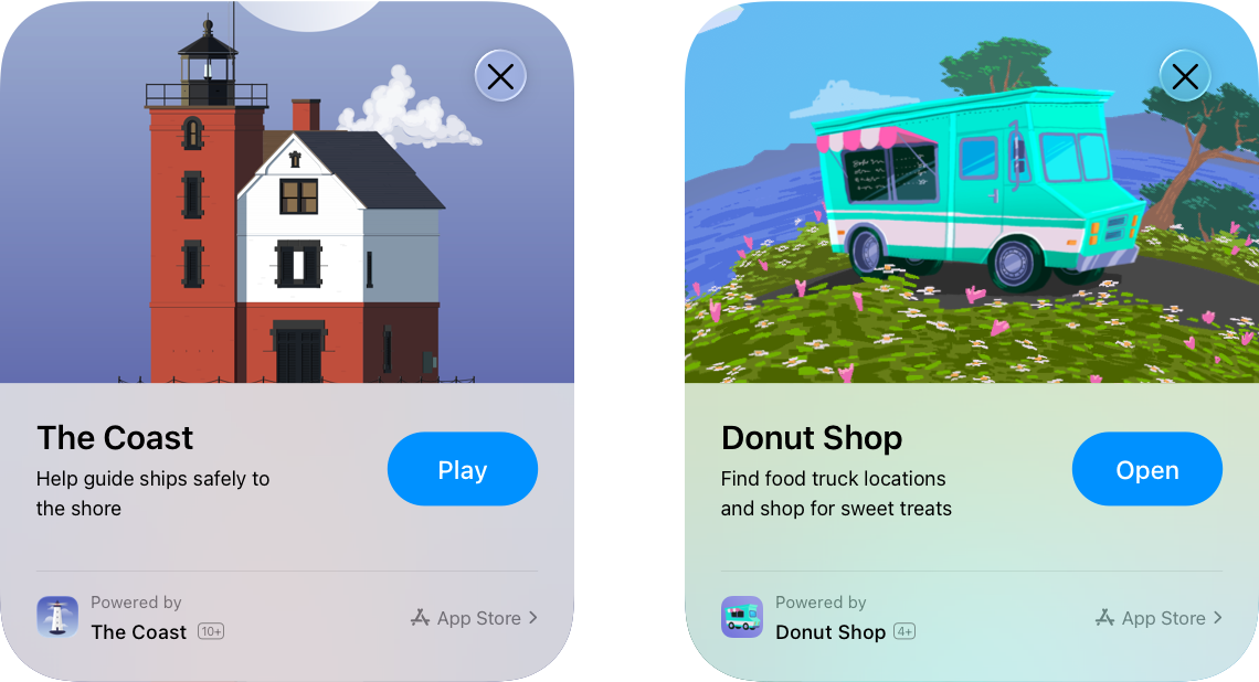 A horizontal row of two App Clip cards. The left App Clip card is for a game and uses Play as the verb for the action button. The right App Clip card is for an app and uses Open as the verb for the action button.