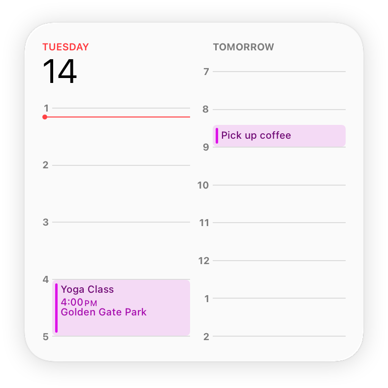 An image of the large Calendar widget, which has the same width as the medium widget, but a little more than twice the height. Like the medium widget, the large widget displays information about today on the left and information about tomorrow on the right. On both sides, the large version includes relevant time-of-day indicators.