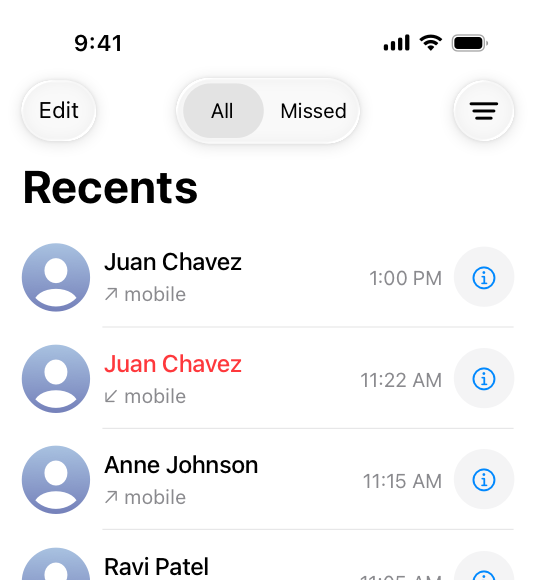 A screenshot of the top half of the Phone app on iPhone, showing all recent calls. The filter button in the top trailing corner has no highlight, indicating that the toggle is inactive.