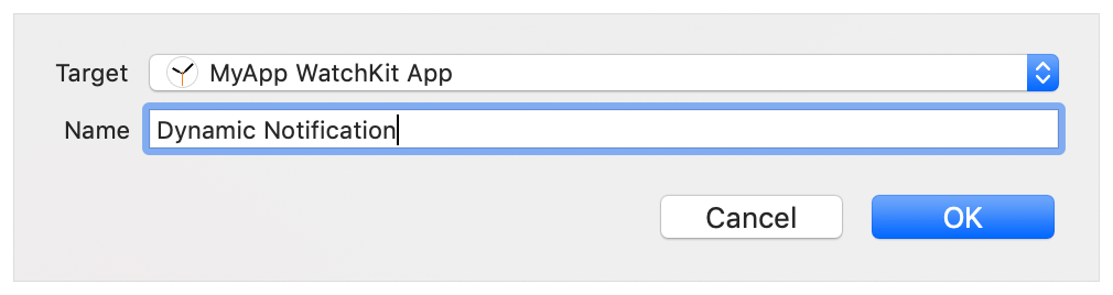 A screenshot showing the New Scheme sheet, with the WatchKit App target set.