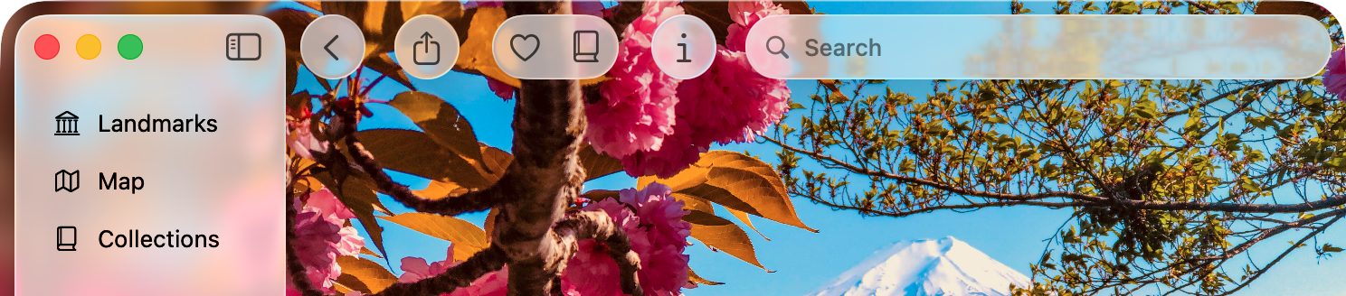 An image of the landmark detail view for Mount Fuji on an iPad, with the toolbar and a portion of the sidebar visible. The toolbar items show the Liquid Glass effect. From the leading to trailing edge, there is a back button, share button, favorite button, collections button, info button, and a search bar.