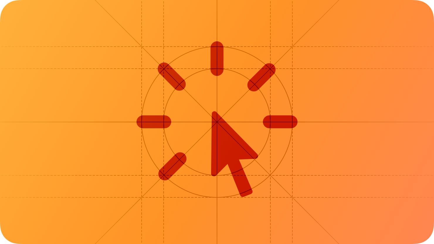 A sketch of a pointer surrounded by a circular set of short lines, suggesting a response to a mouse click. The image is overlaid with rectangular and circular grid lines and is tinted orange to subtly reflect the orange in the original six-color Apple logo.
