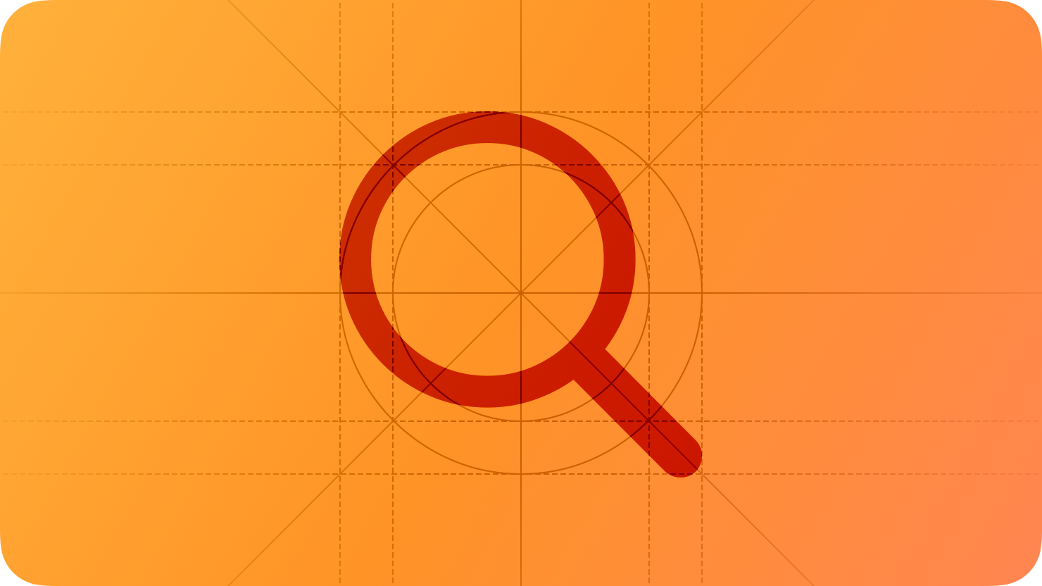A sketch of a magnifying glass, suggesting the search for information. The image is overlaid with rectangular and circular grid lines and is tinted orange to subtly reflect the orange in the original six-color Apple logo.
