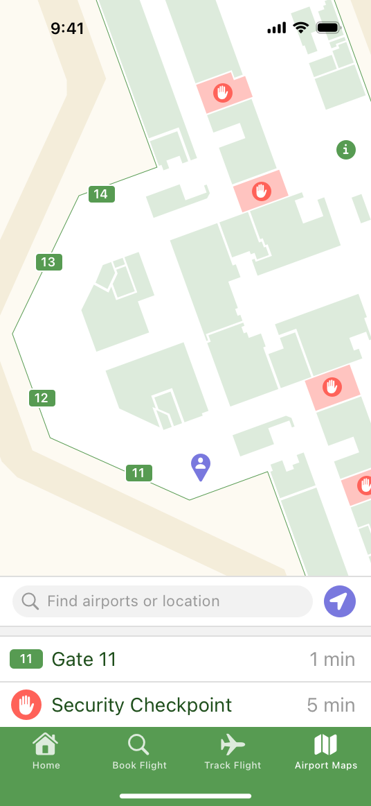 A screenshot of a custom map in an app on iPhone, showing an airport concourse. Elements of the map are tinted green to correspond with the app's UI, and custom icons represent gates, security checkpoints, and an information booth.