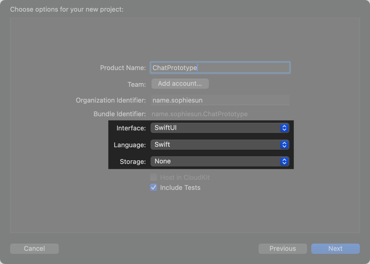 For this tutorial, don’t change the settings for Interface (SwiftUI), Language (Swift), or Storage (None).