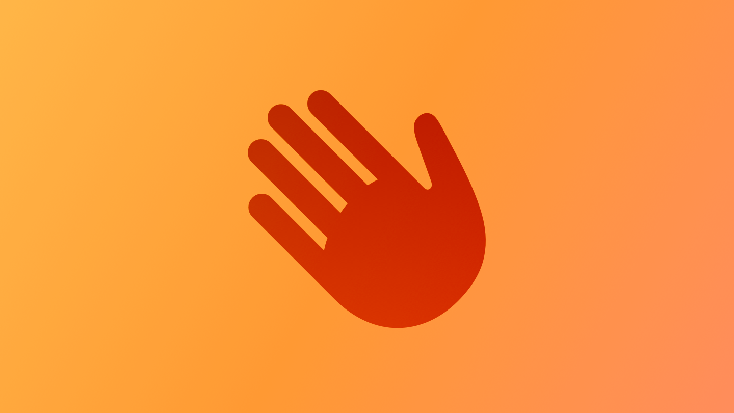A sketch of a waving hand, suggesting a gesture of welcoming. The image is tinted orange to subtly reflect the orange in the original six-color Apple logo.
