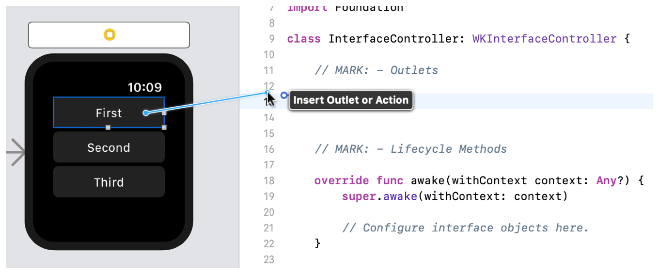 A screenshot showing a control-drag operation from a button in the storyboard to the WKInterfaceController subclass.
