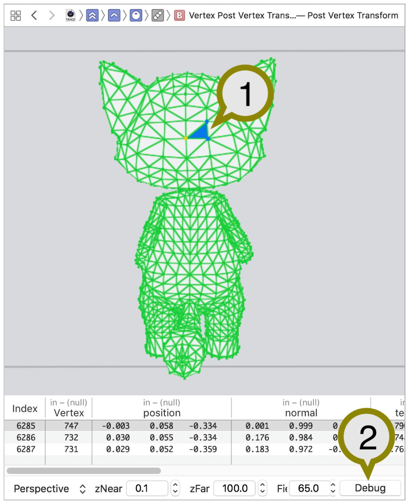 In the center pane, the geometry viewer displays the vertices included in the draw call with a selected primitive annotated. On the bottom-right, the Debug button is annotated.