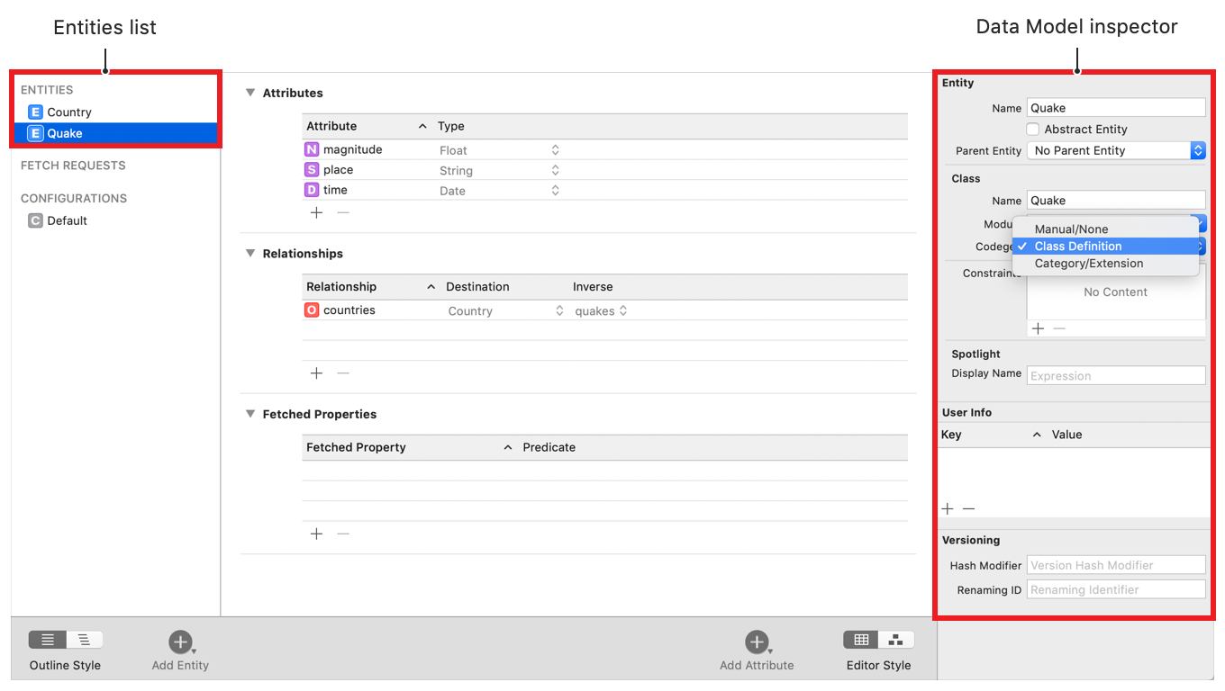 Screenshot showing the .xcdatamodeld file with an entity selected in the Entities list at left, and the Codegen options in the Data model inspector at right.